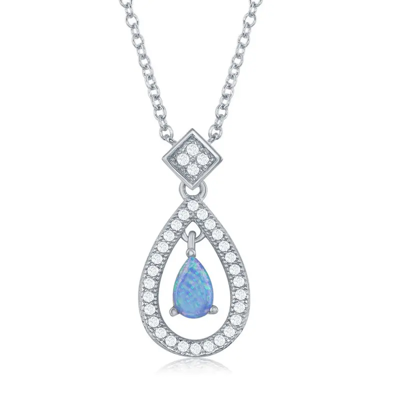 Sterling Silver Open Teardrop CZ Border with Center Opal Teardrop Necklace