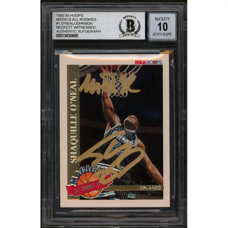 Shaquille O'Neal & Magic Johnson Signed 1992 Hoops #S13 Card Auto 10 BAS Slabbed