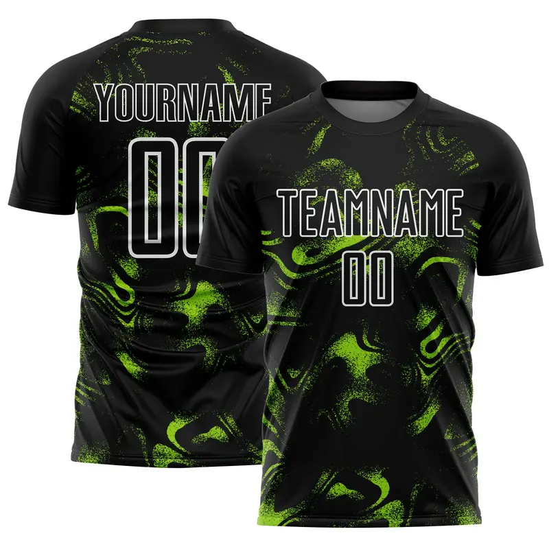 Custom Black Neon Green-White Abstract Liquid Sublimation Soccer Uniform Jersey