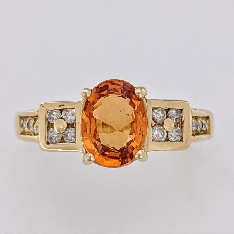 14K CITRINE OVAL 6X8 WITH .13 DIAMOND TOTAL WEIGHT (14) ROUND ESTATE RING 3.9 GRAMS