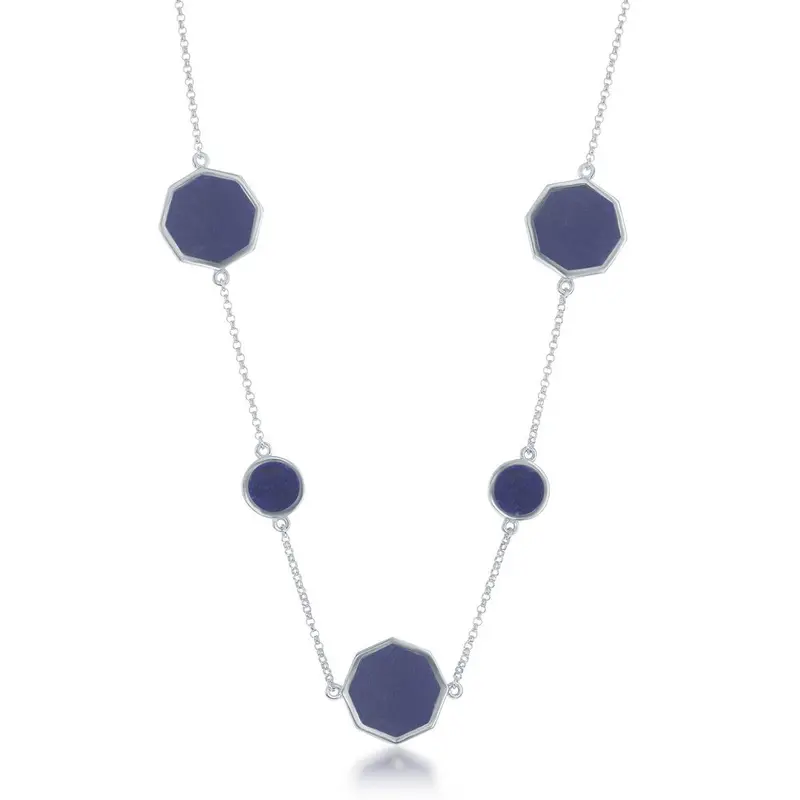 Sterling Silver Round and Hexagon Necklace - Lapis
