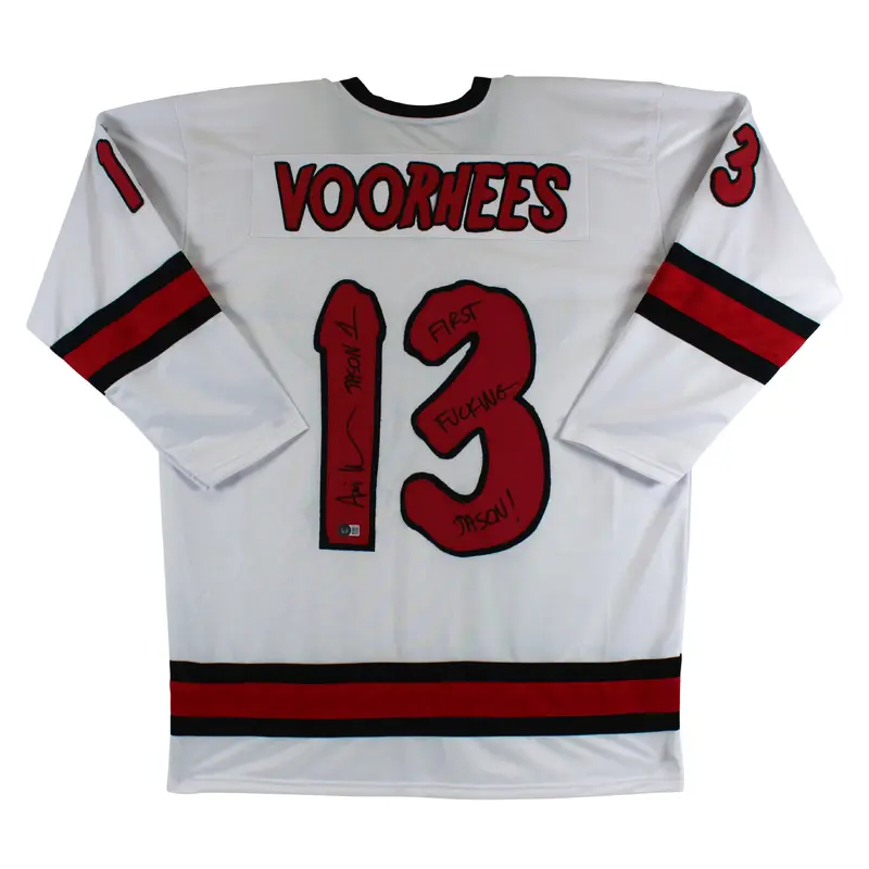 Ari Lehman "First F****** Jason" Signed White Jason Voorhees Hockey Jersey BAS 2