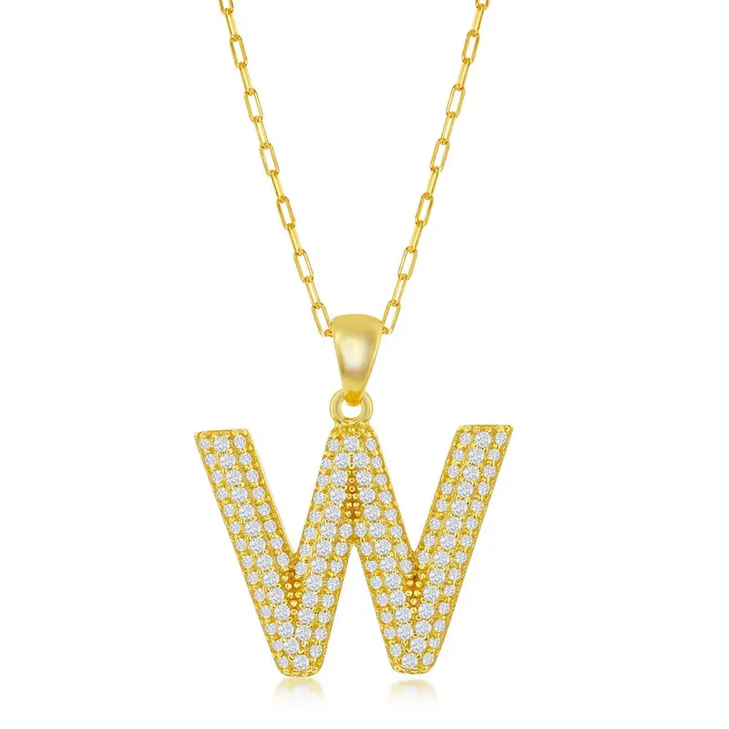 Sterling Silver Micro Pave CZ  'W'  Block Initial w/ Paperclip Chain - Gold Plated